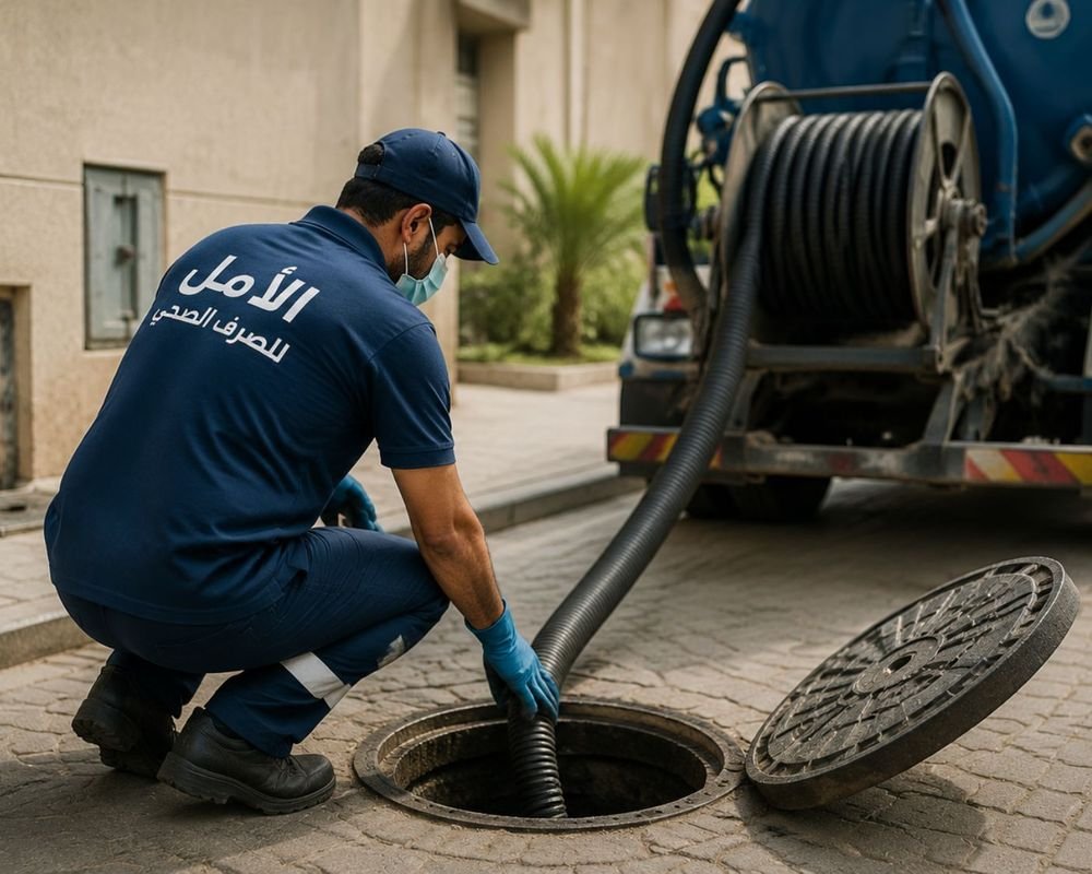 فني صرف صحي أثناء تنظيف غرفة تفتيش بسيارة شفط